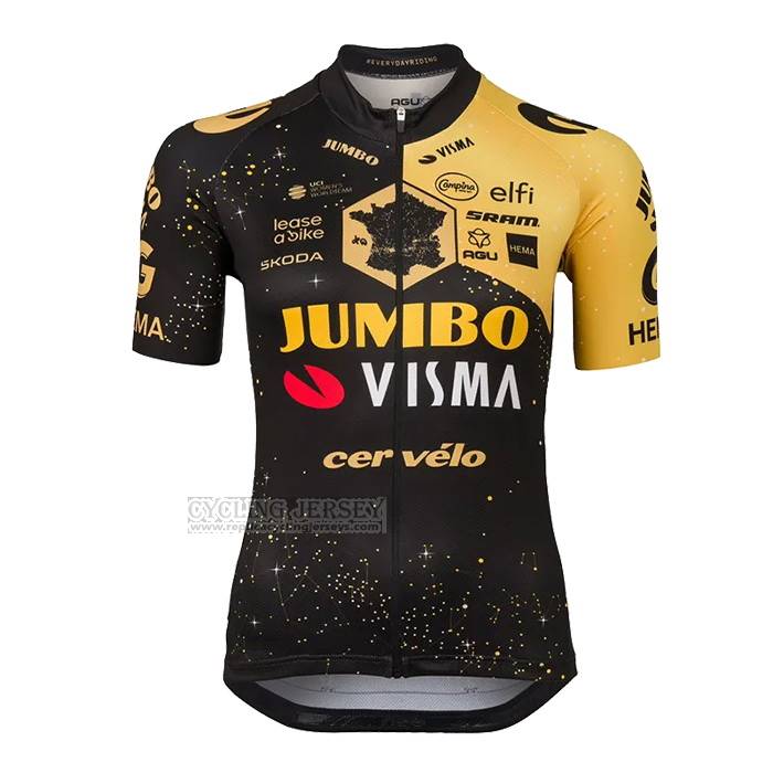 2023 Cycling Jersey Women Jumbo Visma Black Yellow Short Sleeve and Bib Short